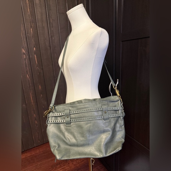 JOELLE HAWKENS Vntg Green Leather Bag Satchel Purse Studded Tassel Zips Hobo - Picture 5 of 11